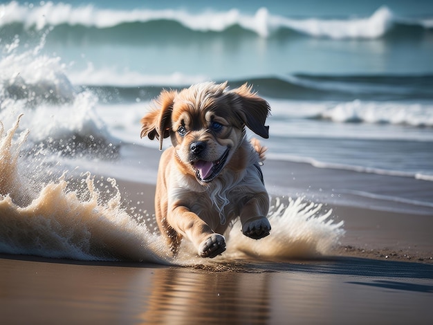 귀여운 강아지가 파도 인공 지능 생성과 함께 해변에서 달리고 있습니다.