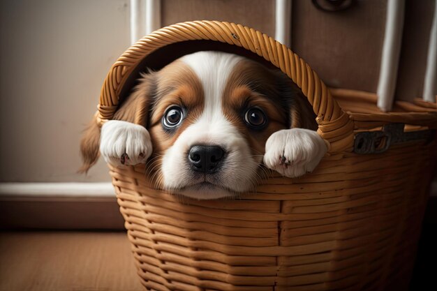 Cute puppy is sitting in basket with its head peeking out