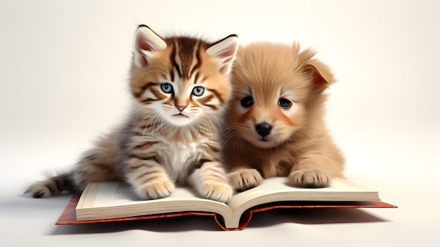Cute puppy and kitten are reading a book on a white background Generative AI