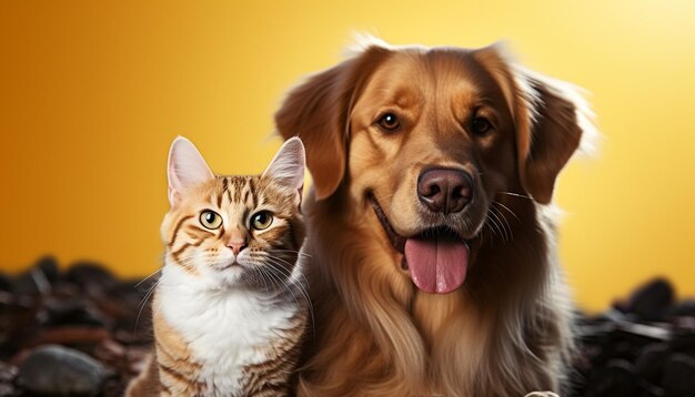 Photo cute puppy and kitten playing a charming friendship outdoors generated by ai