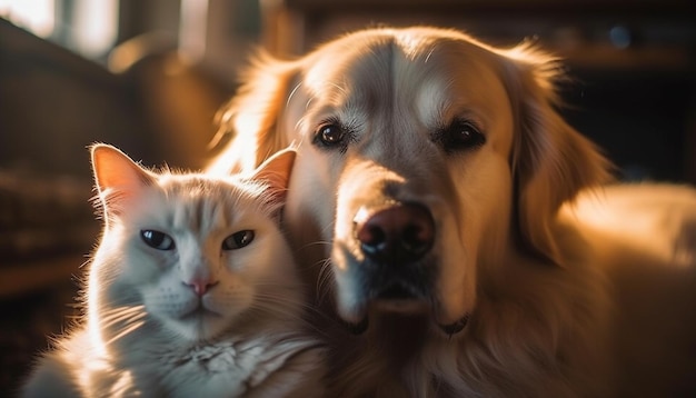 AIによって生成された屋外の日光で遊ぶかわいい子犬と子猫