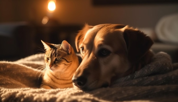 Cute puppy and kitten resting on sofa together generated by AI