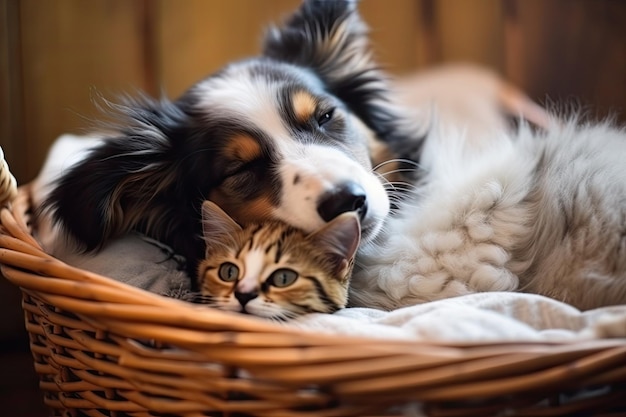 Cute puppy and kitten sleeping in basket together created with generative ai