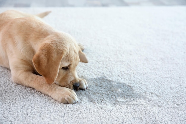 ウェット スポット近くのカーペットの上に横たわるかわいい子犬