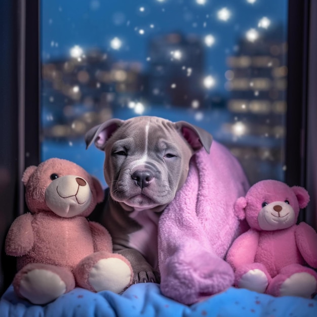 Photo cute puppy lying down next to a window