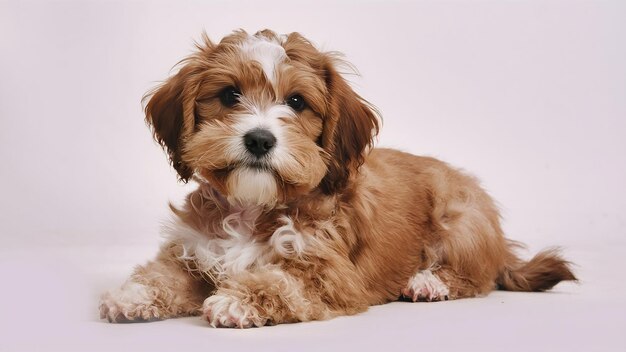 Cute puppy of maltipoo dog posing calmly lying isolated over white studio background domestic anima