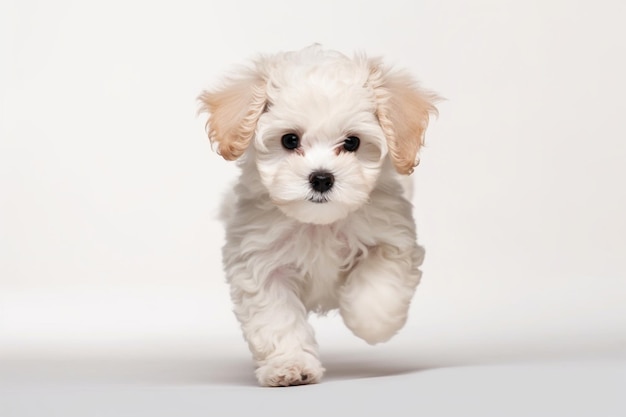 マルプー犬のかわいい子犬が白いスタジオの背景の上に孤立して実行してポーズをとる遊び心のある動物