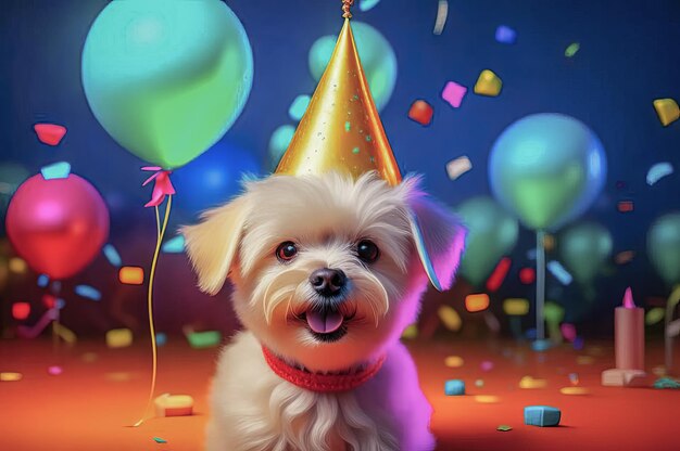 Cute puppy in a party hat on a blue background cute funny dog celebrating his birthday