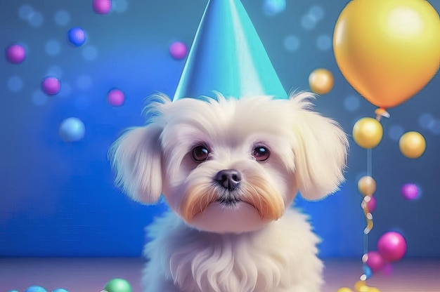 Cute puppy in a party hat on a blue background cute funny dog celebrating his birthday