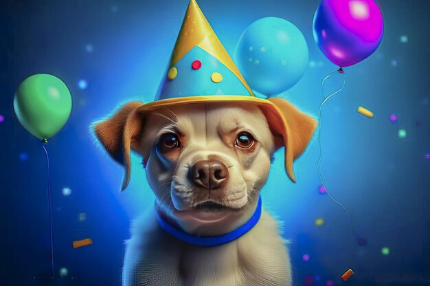 Милый щенок в партийной шляпе на синем фоне милый смешной собака празднует свой день рождения