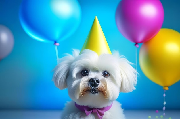 Cute puppy in a party hat on a blue background cute funny dog celebrating his birthday