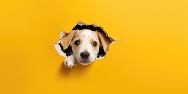 Cute Puppy peeking out of a hole in wall torn hole empty copy space frame mockup Generative AI image weber