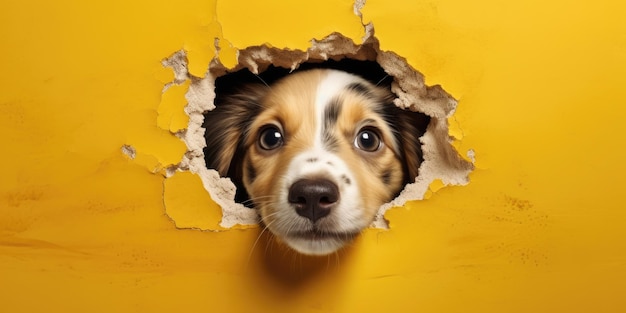 Cute puppy peeking out of a hole in wall torn hole empty copy space frame mockup generative ai image weber