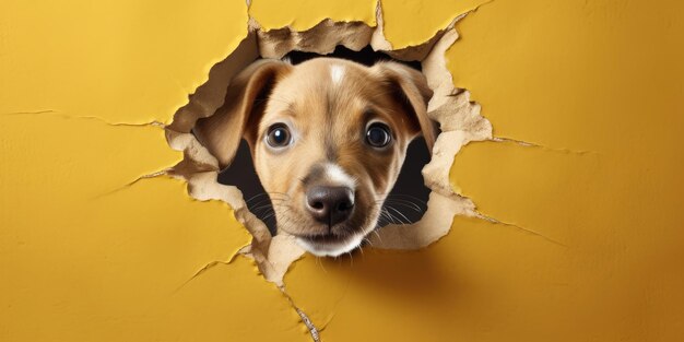 Cute puppy peeking out of a hole in wall torn hole empty copy space frame mockup generative ai image weber