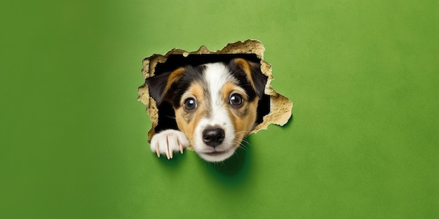 Cute Puppy peeking out of a hole in wall torn hole empty copy space frame mockup Generative AI image weber