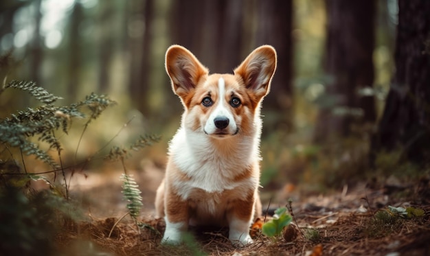 한 귀를 가진 귀은 Pembroke Welsh Corgi 강아지가 여름 공원에서 야외에 서 있습니다.