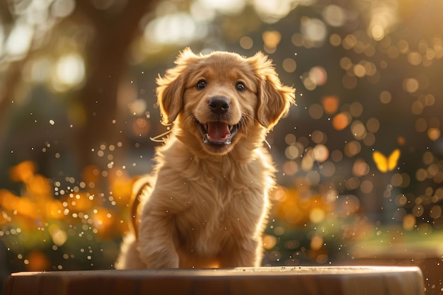 A cute puppy playing in a field of flowers with a wagging tail and happy expression