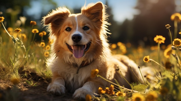 Милый щенок играет в траве, наслаждаясь летним солнечным фоном.