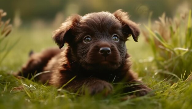 人工知能によって生み出された喜びでカメラを見ている草原で遊んでいる可愛い子犬