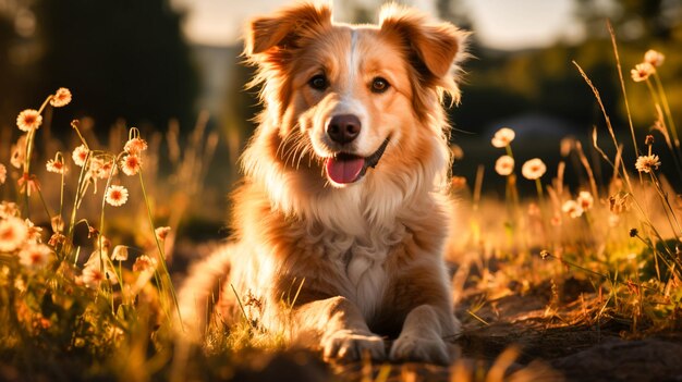 美しい自然に囲まれた芝生で遊ぶかわいい子犬