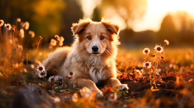 美しい自然に囲まれた芝生で遊ぶかわいい子犬