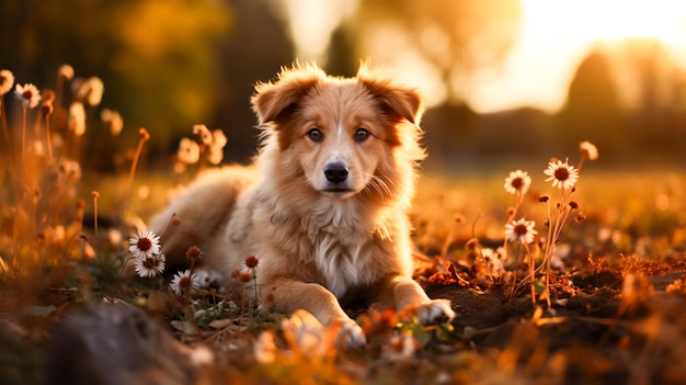 Cute puppy playing in the grass surrounded by beautiful nature