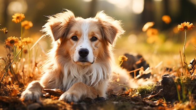 Cute puppy playing in the grass surrounded by beautiful nature