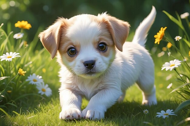 写真 人工知能によって生成された夏の太陽を楽しむ草原で遊ぶ可愛い子犬