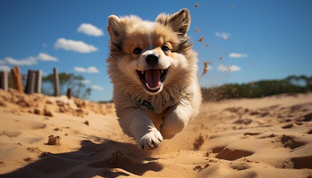 Фото Милый щенок играет в песке и наслаждается летними каникулами, созданными ии.
