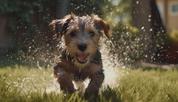 人工知能によって生み出された夏を楽しむ湿った草で遊ぶ可愛い子犬