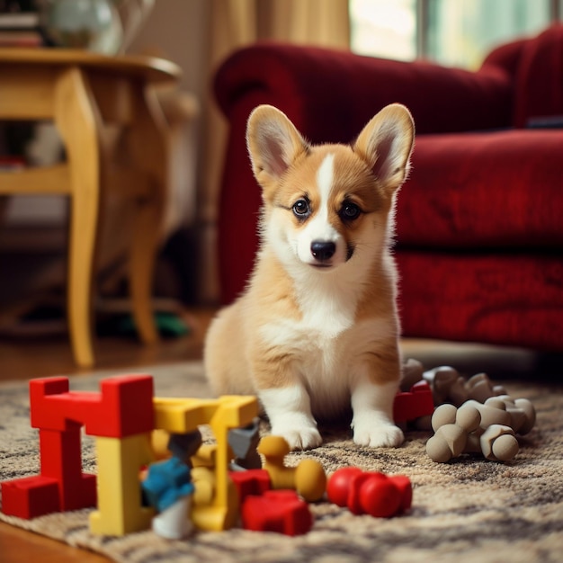 cute puppy playing with his toys in living room puppy with funny look