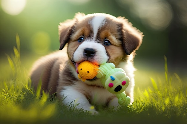 Cute puppy playing with squeaky toy in park