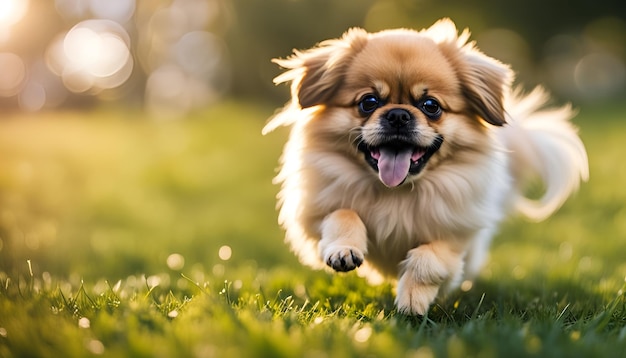 Photo cute puppy pomeranian mixed breed pekingese dog run on the grass with happiness