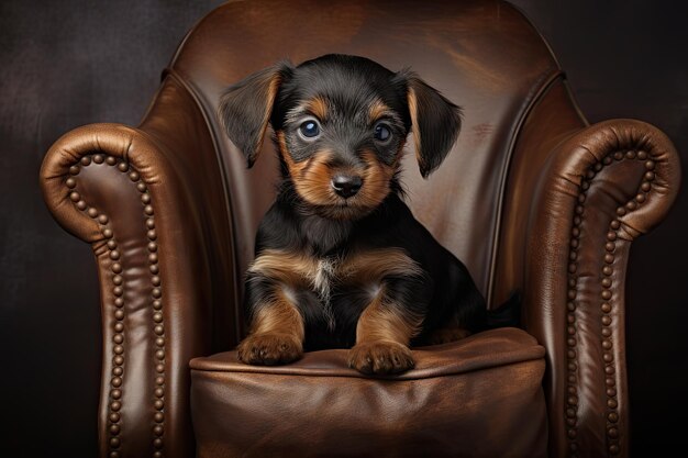 Photo cute puppy portrait sitting in a leather arm chair