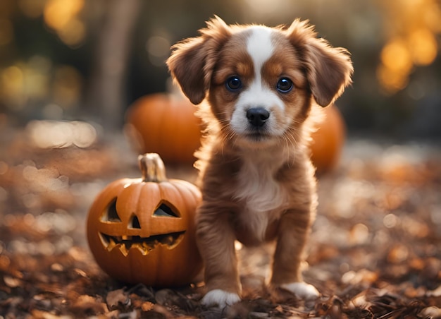 cute puppy and pumpkin photo