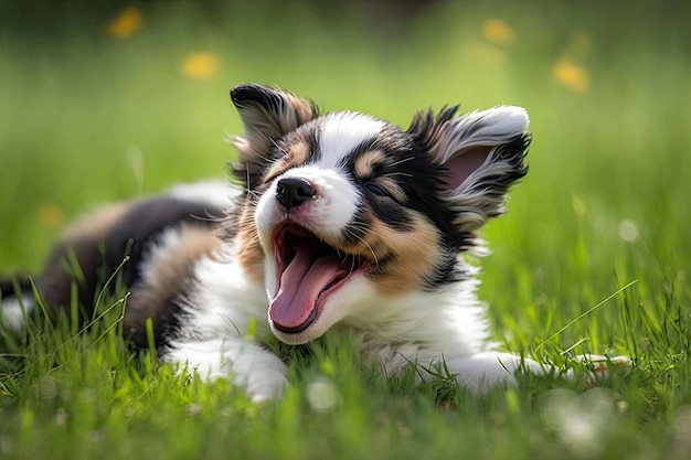 舌を出して草の中を転がるかわいい子犬