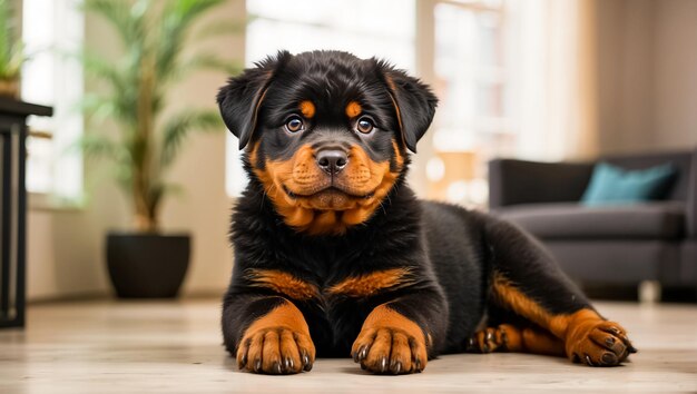 Cute puppy rottweiler in the house