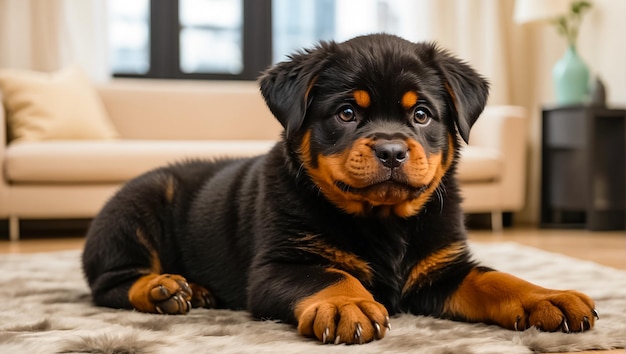 Cute puppy rottweiler in the house