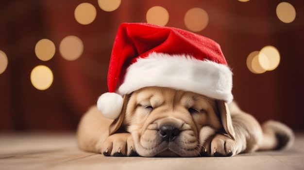 Foto cucciolo carino con il cappello di babbo natale