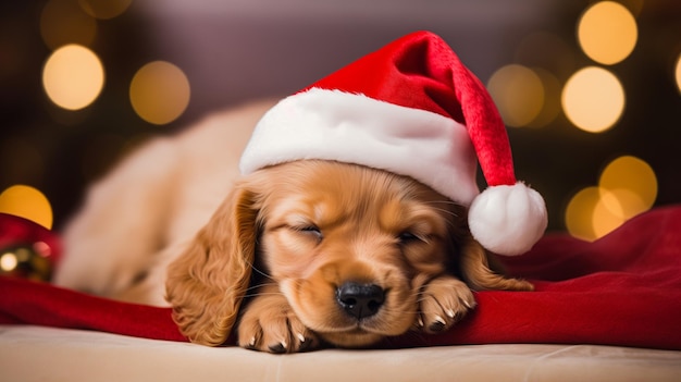 Photo cute puppy in santa claus hat