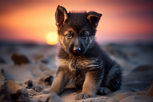 cute puppy of shepherd dog sitting on sunset beach