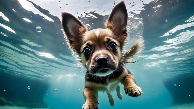 Foto un cucciolo carino si siede sulla spiaggia tirando fuori la lingua mentre si gode l'acqua