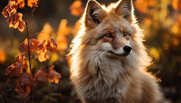 Foto cuccino carino seduto nella foresta autunnale che guarda la telecamera generata dall'ai