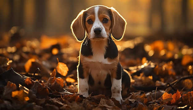 Photo cute puppy sitting in autumn forest looking at one leaf generated by ai