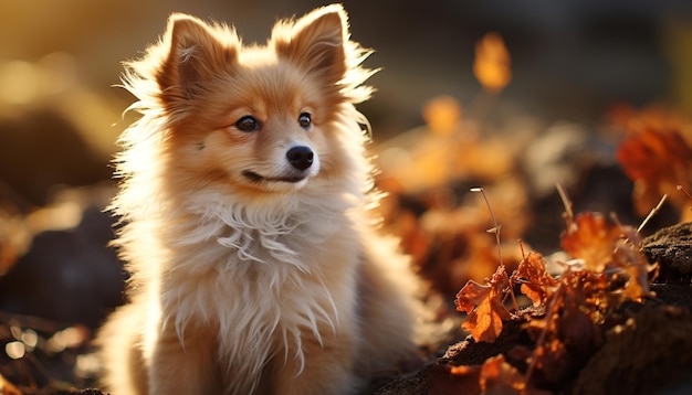 秋に座ってカメラを見ているかわいい子犬 人工知能によって生成されたふわふわの毛皮