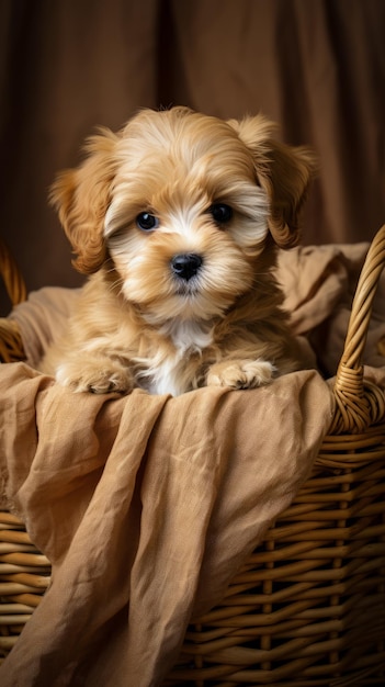 A cute puppy sitting in a basket looking at the camera