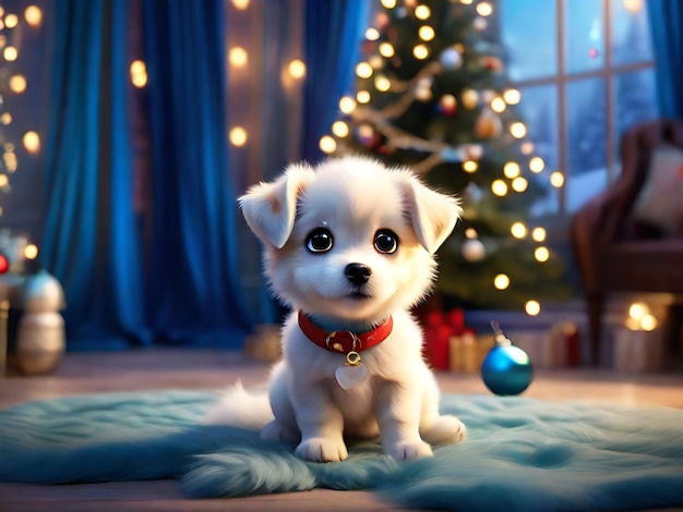 Милый щенок сидит на синем одеяле с рождественскими огнями