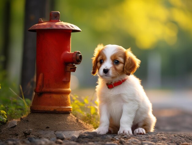 消火栓のそばに座っているかわいい子犬