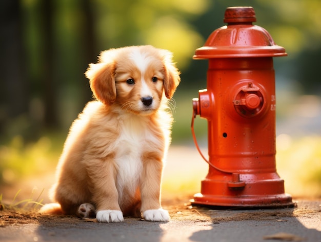 Милый щенок сидит у пожарного гидранта