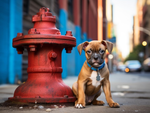 Cute puppy sitting by a fire hydrant